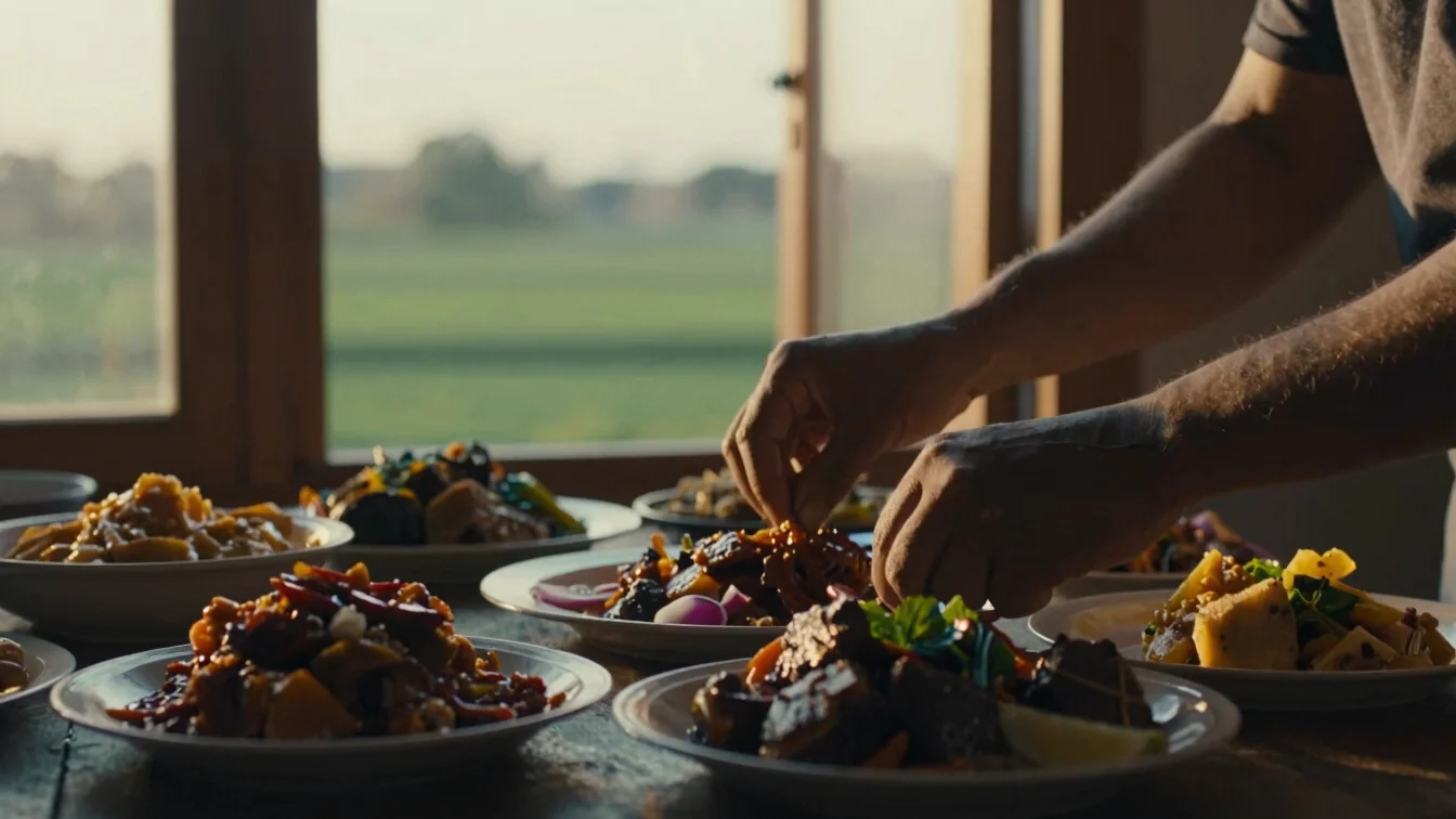 Intimate close-up of hands preparing a vibrant regional culinary