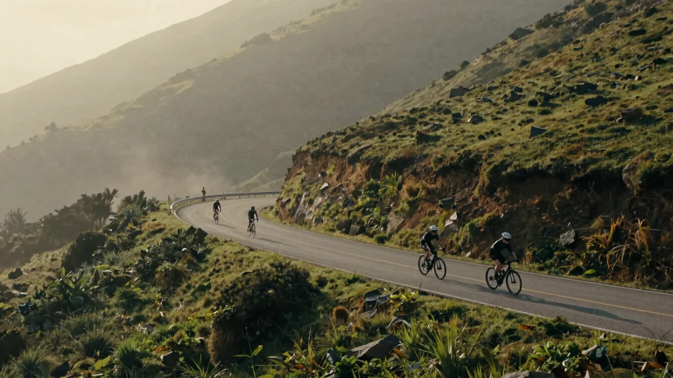 Cyclists on a misty mountain pass, wide environmental shot, soft