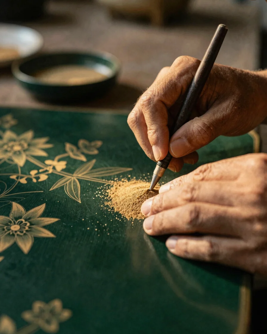 Close-up of hands meticulously sanding a traditional Vietnamese l