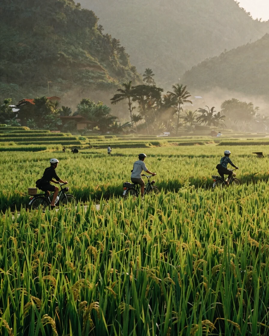 Wide panoramic view of cyclists traversing lush green rice paddie
